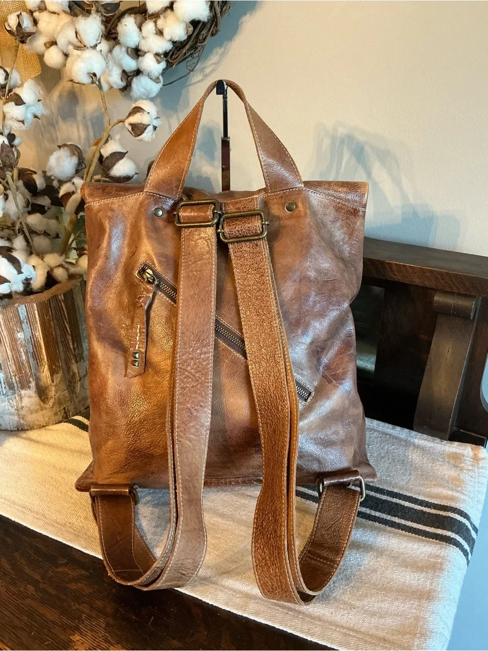 Bed Stu Leather Unisex Howie Flapover Leather Backpack Tan Rustic Retail $365